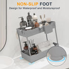 Sevenblue 2 Pack Under Sink Organizer, Under Bathroom Cabinet Organizer with Hooks Hanging Cup, Multi-Purpose Storage Shelf for Kitchen Bathroom (Gray, 14.8 Inch)