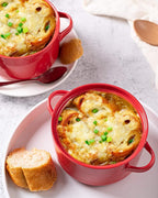 DELLING French Onion Soup Bowls with Handles Set of 6-24 oz Ceramic Soup Crocks Oven Safe, Porcelain Soup Bowl for Chili, Stew, Cereal - Red Stackable Microwave Dishwasher Safe