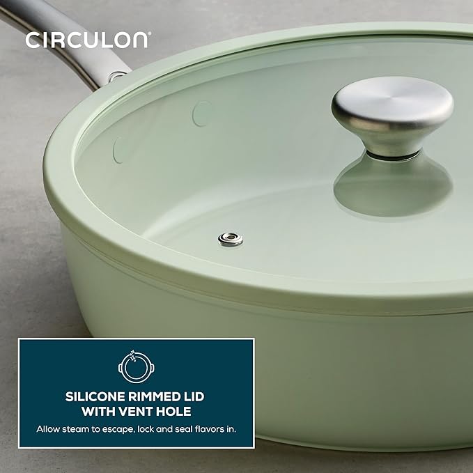 Circulon Halo with LaserDefense Ceramic Nonstick Saute Pan with Helper Handle and Lid, Made without PFAS, Compatible with All Stovetops, Dishwasher and Oven Safe, 5 Quart Multipurpose Pan - Sage