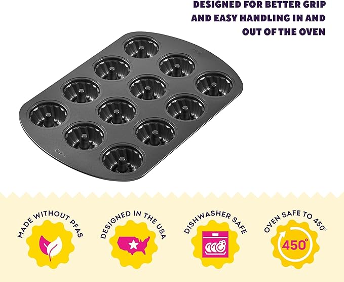 Wilton Gold Non-Stick 12-Cavity Mini Fluted Cake Pan, Cold-Rolled Steel Bakeware, Made Without PFAS, Packaging May Vary