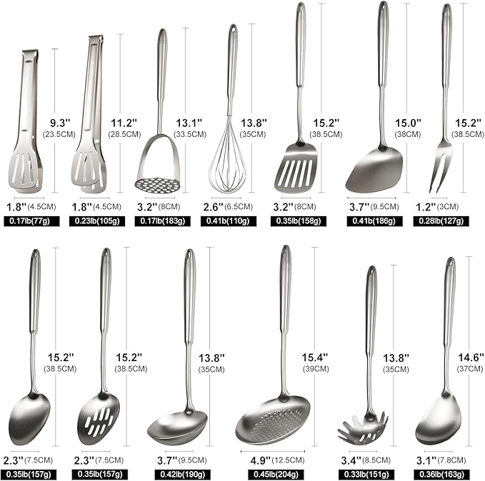 18/10 Stainless Steel Cooking Utensils Set, 13 PCS Long Large Metal Cooking Utensil Tools Set, Mirror Polished Kitchen Gadget Cookware and Kitchen Tool Set, Dishwasher Safe
