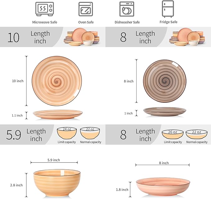 Selamica Ceramic Plates and Bowls Sets,24 Pieces Dinnerware Sets for 6,Scratch Resistant Dish Set for holiday gathering,Dishwasher & Microwave Safe, Maillard