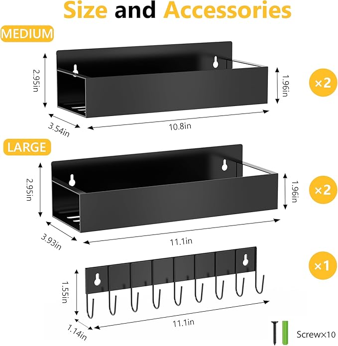 Magnetic Spice Rack for Refrigerator Seasoning Organizer for Spice Fridge Shelf storage Magnetic Shelf with Hook for Oven(6pack) (4Rack1hook-black)