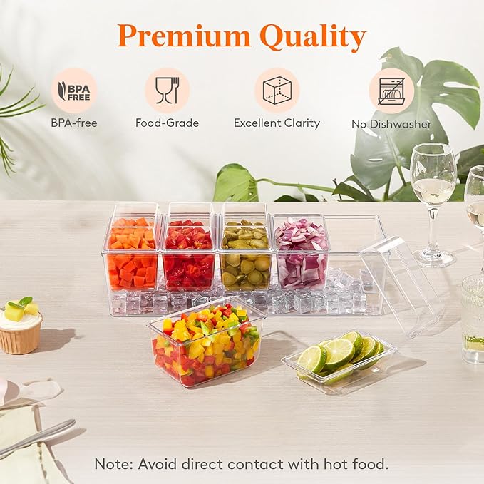 Lifewit Ice Chilled Condiment Caddy with 5 Containers, Condiment Server with Separate Lid, Serving Tray Platter with Removable Dishes for Bar Fruit Salad Taco Party Garnish, 39 x13cm/15x5