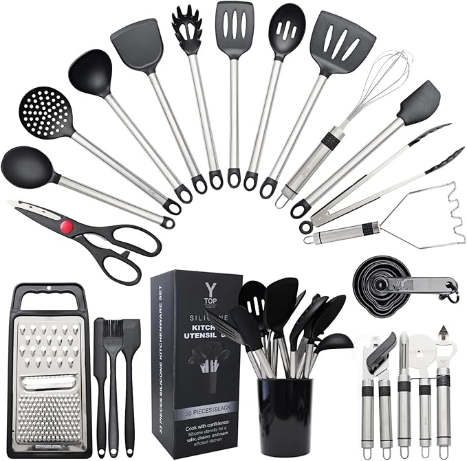 Silicone Kitchen Utensils Set 33 PCS Heat Resistant Food Grade Silicone Utensils Set for Cooking with Stainless Steel Handles BPA Free Kitchen Gadgets Tools Set with Holder for Nonstick Cookware Black