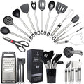 Silicone Kitchen Utensils Set 33 PCS Heat Resistant Food Grade Silicone Utensils Set for Cooking with Stainless Steel Handles BPA Free Kitchen Gadgets Tools Set with Holder for Nonstick Cookware Black