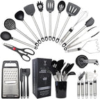 Silicone Kitchen Utensils Set 33 PCS Heat Resistant Food Grade Silicone Utensils Set for Cooking with Stainless Steel Handles BPA Free Kitchen Gadgets Tools Set with Holder for Nonstick Cookware Black
