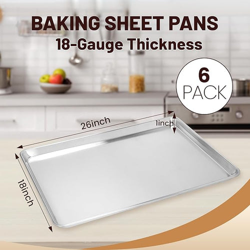 6 Pack Full Size Baking Sheet Pan Aluminum Commercial Pan for Oven Freezer Bakery Hotel Restaurant 26" × 18"