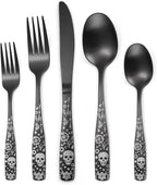 Pattern Matte Silverware Set for 8,40 Piece Gothic Black Flatware set,Skeleton Flower Bat Unique Pattern Design,Skull Knive Fork Spoon Spooky Utensils Cutlery,Halloween Party Supplies Event Tab