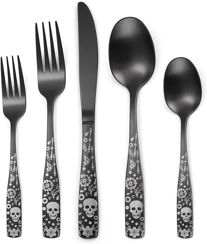 Pattern Matte Silverware Set for 8,40 Piece Gothic Black Flatware set,Skeleton Flower Bat Unique Pattern Design,Skull Knive Fork Spoon Spooky Utensils Cutlery,Halloween Party Supplies Event Tab