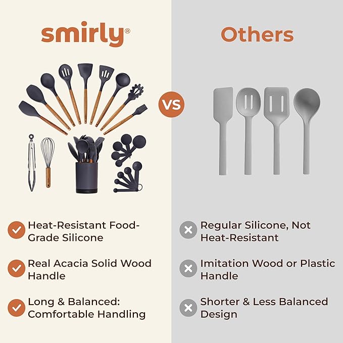 Silicone Kitchen Utensils Set & Holder: Cooking Utensils Set - Kitchen Essentials for New Home & 1st Apartment- Silicone Spatula Set, Cooking Spoons for Nonstick Cookware (Acacia Wood, Grey)