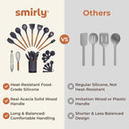 Silicone Kitchen Utensils Set & Holder: Cooking Utensils Set - Kitchen Essentials for New Home & 1st Apartment- Silicone Spatula Set, Cooking Spoons for Nonstick Cookware (Acacia Wood, Grey)