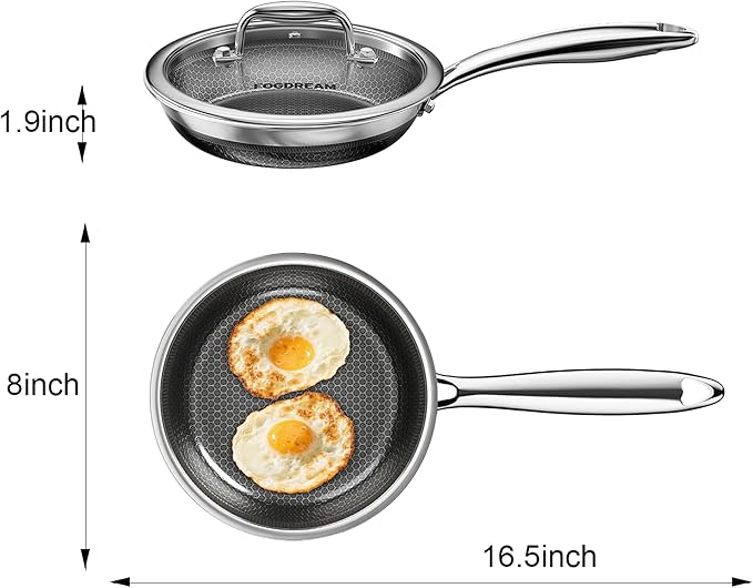 FogDream Non Stick Frying Pans, 8 Inch Stainless Steel Skillet with Tempered Glass Lid Tri-Ply Stainless Steel for All Cooktops, Dishwasher & Oven-Safe Cooking Pan, Stay-Cool Handle, Silver