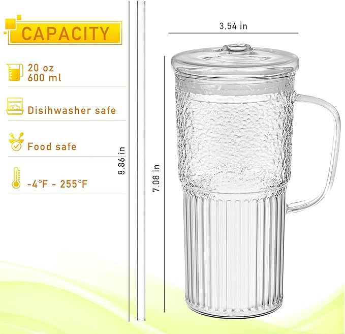 Glass Tumbler with Lids and Straws 2Pack 20oz Glass Cup with Handle-Wide Mouth Ice Coffee Cup Borosilicate Drinking Glasses for Smoothie Drinks