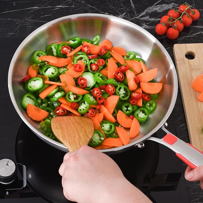 Inqibee 10 Inch Tri-Ply Stainless Steel Frying Pan with Lid, Skillet, Induction Cooking Pan, Heavy Duty and Dishwasher Safe, Detachable Handle