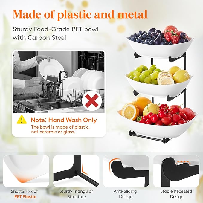 Lifewit Plastic Fruit Bowl for Kitchen Counter, 3 Tier Fruit Basket with Black Metal Stand, Tiered Fruit Holder for Countertop Serving Tray for Vegetable/Dessert in Party 28 x 21 x 35cm/11 x 8.4 x 14
