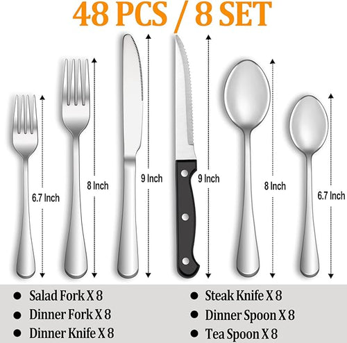 48 Pcs Silverware Set with Steak Knives Service for 8,Stainless Steel Flatware Set,Mirror Polished Cutlery Utensil Set,Home Kitchen Eating Tableware Set,Include Fork Knife Spoon Set,Dishwasher Safe
