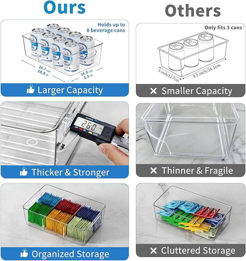 4 Pack Clear Pantry Organizers and Storage Bins with Divider, Transparent Plastic Basket, Refrigerator and Fridge Bins