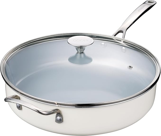 Nonstick Sauté Pan with Lid 5 QT Deep Frying Pan with Stainless Steel Helper Handle 12 inch Large Skillet Ceramic Jumbo Cooker for Healthy Cooking, Induction Compatible Cookware, PFOA Free