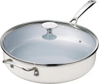 Nonstick Sauté Pan with Lid 5 QT Deep Frying Pan with Stainless Steel Helper Handle 12 inch Large Skillet Ceramic Jumbo Cooker for Healthy Cooking, Induction Compatible Cookware, PFOA Free
