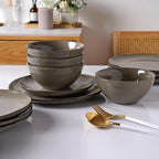 Famiware Tempus Plates and Bowls Sets for 6, 18 Pieces Stoneware Dinnerware Sets, Reactive Glaze Dishes Set, Dishwasher & Microwave Safe - Dark Olive