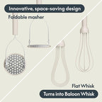 bella 2-Piece Compact Masher and Whisk Set, Fold Flat, Stainless steel and silicone, Foldable Masher, Ballon Whisk, Flat Whisk, Non-stick, Nonslip, Heat safe to 425°F, Oatmilk