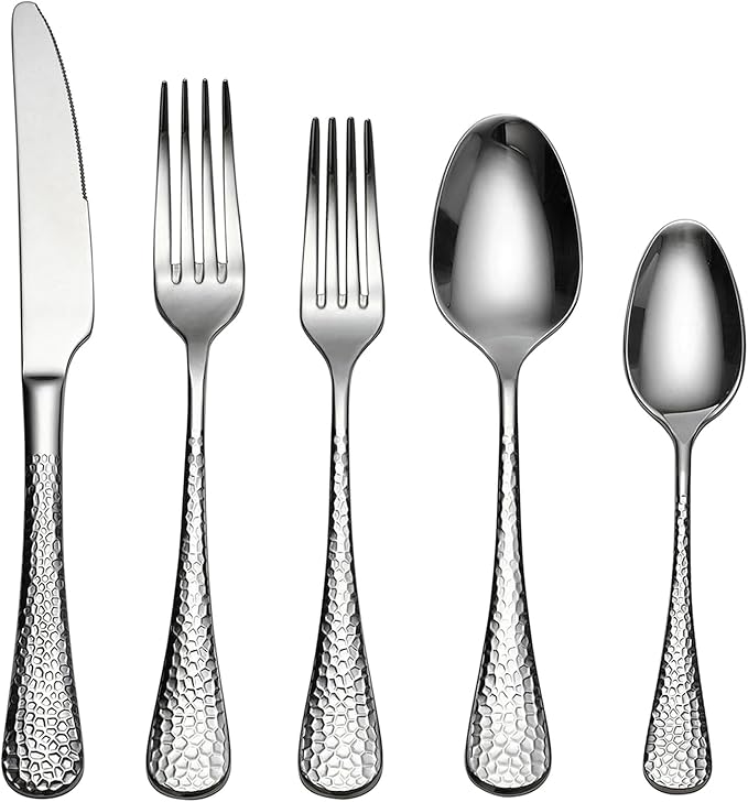 Premium 20 Piece Hammered Silverware Set with Smooth Edge, 18/10 Stainless Steel, Service for 4, Fine Flatware Set, Dishwaser Safe(20)