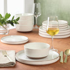 Gibson Elite Northrock Stoneware Dinnerware Set, 12-Piece Service for 4 Plates and Bowls Set – White Dishes with Hand-Painted Terracotta Base