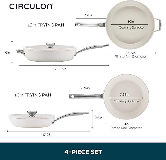 Circulon Halo with LaserDefense Ceramic Nonstick 10 Inch and 12 Inch Frying Pans with Lids, Made without PFAS, Compatible with All Stovetops,Dishwasher and Oven Safe,4 Piece Cookware Set - Pearl White