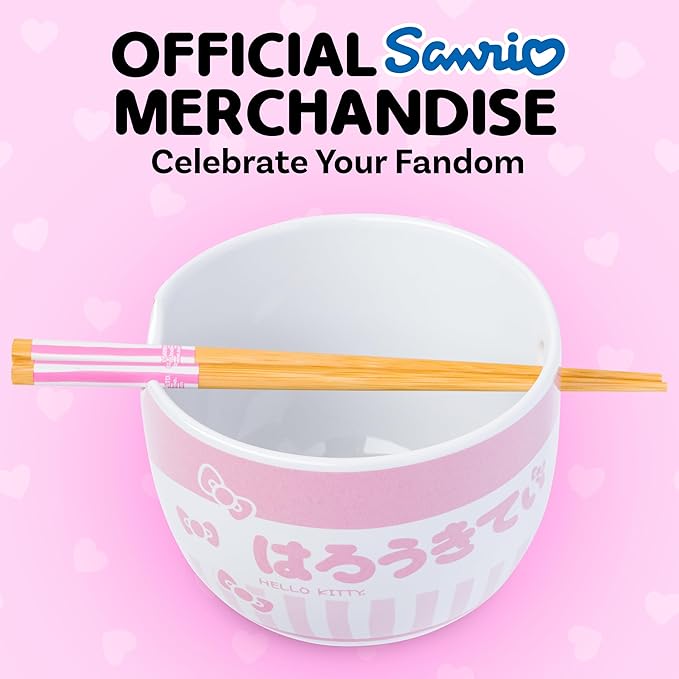 Silver Buffalo Sanrio Hello Kitty Pink Stripes Ceramic Ramen Bowl with Chopsticks, 20 Ounces