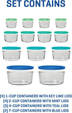 Anchor Hocking 26 Piece Glass Storage Containers with Lids (13 Glass Food Storage Containers & 13 Mixed Blue SnugFit Lids)