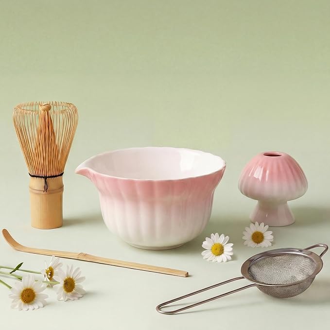 Matcha Whisk set, Matcha Set with Daisy Matcha Bowl & Mushroom Whisk Holder, Complete Matcha Kit with Whisk, Sifter, Chashaku, 5 Pcs Bamboo Tea Mat, Ideal Gift for Matcha Lovers, Pink