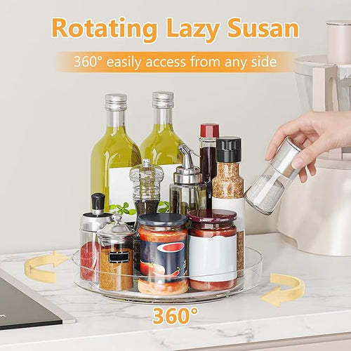 4 Pack 10 Inch Clear Lazy Susan Turntable Organizer for Cabinet, Non-Slip Acrylic Rotating Tray with Raised Edge, Spinning Spice Rack for Kitchen Pantry, Refrigerator, Vanity, Bathroom