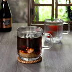 Clear Glass Coffee Mug Set of 4, 12 Ounces Ribbed Glassware with Spoon, Classic Vertical Stripes Tea Mugs for Soda, Latte, Espresso, Cappuccino, Gift for Birthday Holidays Wedding Anniversary