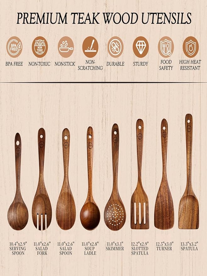 8-Piece Natural Teak Wood Utensil Set - Essential Nonstick Cooking Spoons & Spatulas, Eco-Friendly Tools