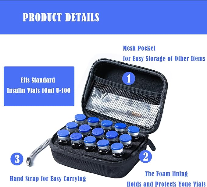 Insulin Fridge Holder Storage Case Insulin Vial Protector Holder Insulin Cooler Travel Case Organizer Fits Standard 10ml U-100 Vials,15-Slot,Black (15 Slots)