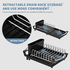 Expandable Dish Drying Rack for Sink or Countertop – Compact Stainless Steel Dish Drainer with Removable Utensil Holder, Rustproof Plate Rack for Small Kitchen Spaces, Black