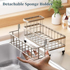 Consumest Sponge Holder for Kitchen Sink - Auto Draining Sink Caddy Organizer with Detachable Rack, High Brush Holder, Kitchen Countertop Storage Accessories, Sand Nickel