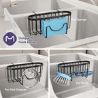 SWTYMIKI Sponge Holder for Kitchen Sink - Movable Kitchen Sink Caddy with M Shape Hook Stainless Steel Hanging Sponges Caddy Organizer in Double Bowl Sinks Depth>3.15in, Middle Divider<1.5in, Black L