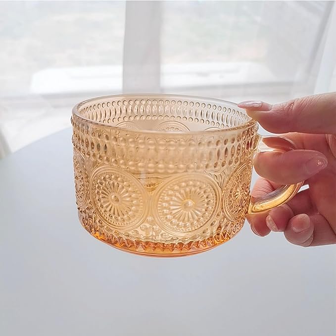 MFACOY Vintage Coffee Mugs Set of 2, 14 oz Glass Tea Cups with Handle, Amber Embossed Glass Cups for Cappuccino, Latte, Cereal, Milk, Hot or Cold Beverages