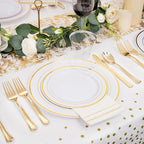 GATHER 176 Pieces Gold Dinnerware Disposable - White and Gold Plastic Plates Includes 50 Plates, 25 Plastic Silverware, 25 Napkins, 25 Cups and 1 Tablecloth for Wedding Party