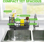 Sponge Holder for Kitchen Sink, Self-Draining Sink Caddy Organizer with Removable Brush Holder, Rustproof Metal Sponge Rack for Countertop, Fits Soap Dispenser & Scrubber, Black