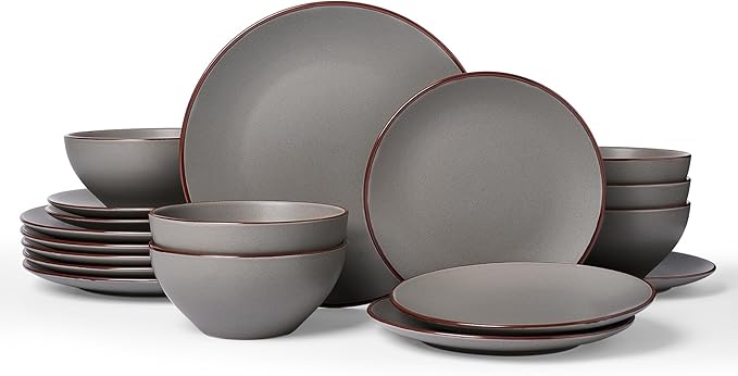 Famiware Venus Plates and Bowls Sets, 18 Pieces Stoneware Speckled Dishes Dinnerware Set for 6, Matte Dark Gray - Microwave & Dishwasher Safe, Modern Minimalist, for Everyday Meals & Formal Dining