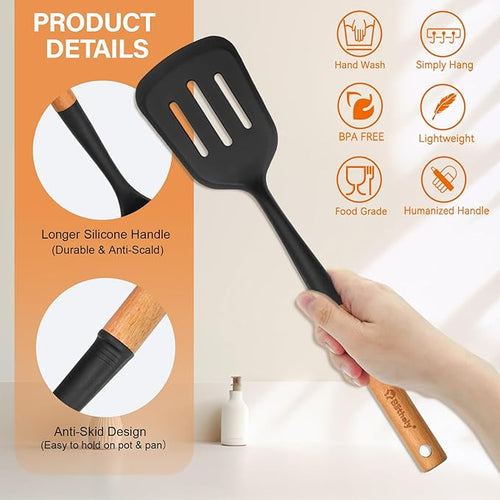 4PCS Silicone Cooking Utensils Set, Large Nonstick Spatula Spoons Set with Wooden Handle, Silicone Cooking Spatula Set, Heat Resistant Solid and Slotted Turners, Serving Spoon(Black)