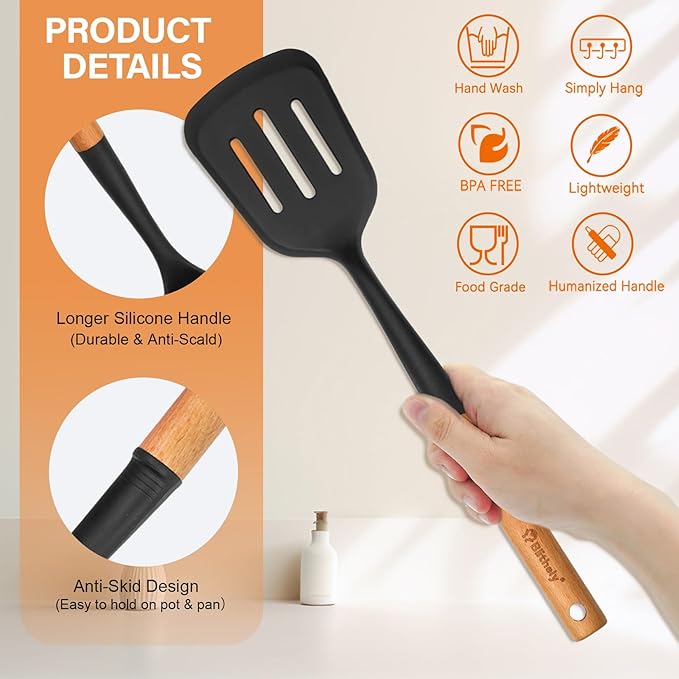 Large Silicone Kitchen Utensils Set with Holder, 25Pcs Cooking Utensil Set with Wooden Handle, Heat Resistant Spatula Sets for Cooking, BPA Free Silicone Utensils Set for Non-Stick Cookware(Black)