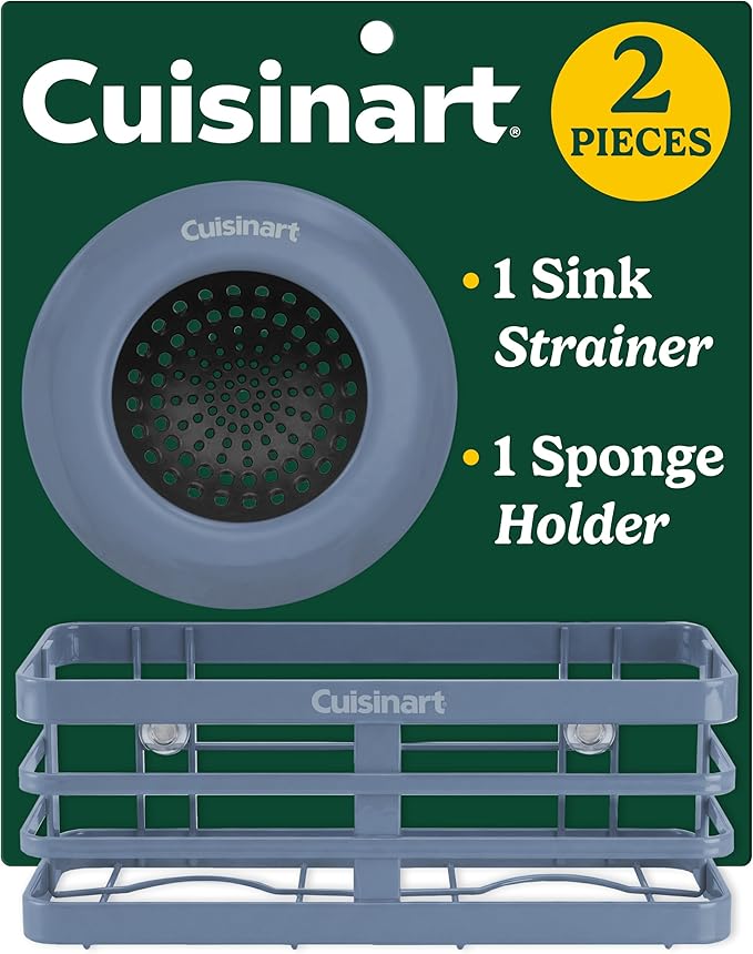 Cuisinart 2 Piece Sink Set – Sink Drain Strainer with Stainless Steel Rim & Silicone Mesh Base & Sponge Holder for Kitchen Sink, Metal Caddy with Triple Suction Cups, Daily Kitchen Essentials