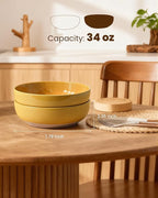 Metflavor Pasta Bowls Set of 8, 34oz Speckled Ceramic Bowls Set for Serving Salad, Pasta, Soup, Dinner, 8" Wide and Deep Bowls, Dishwasher & Microwave Safe, Matte Terracotta Base (Ginger Yellow)