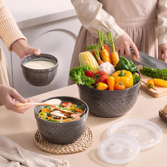 Ceramic Mixing Bowls 3-Piece: Nesting Ceramic Bowls with Lids - Microwave Safe for Kitchen Baking and Serving - Ideal for Home Bakers (Grey)