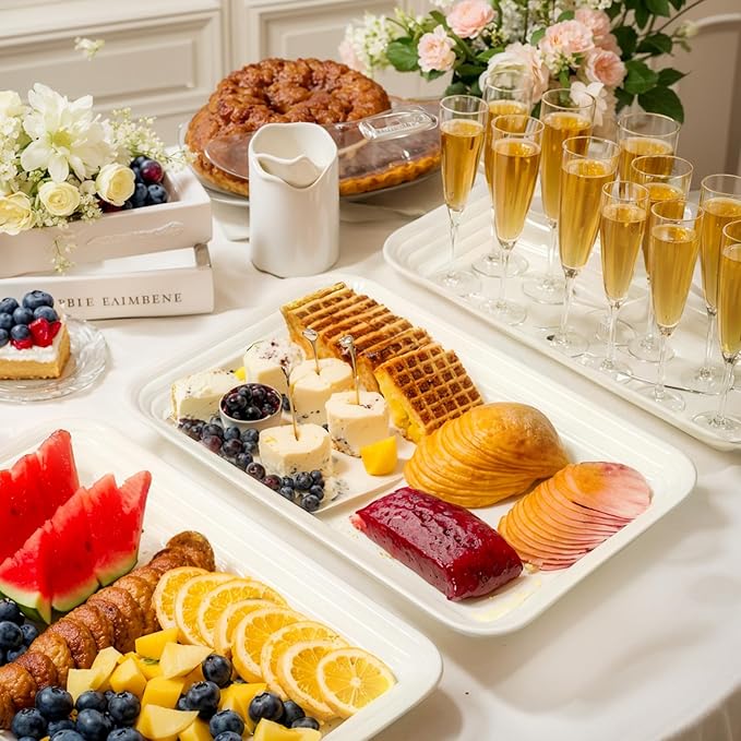 SUT 6-Pack Ivory Serving Trays for Entertaining-16 x 11" Serving Platters for Snacks, Fruit, Cookies, Dessert, Reusable Plastic Trays for Serving Food and Party Organization in Kitchen & for Parties