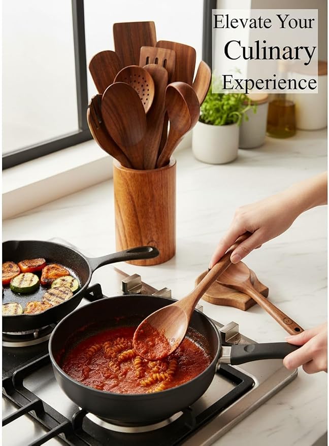 12-Piece Natural Teak Wood Utensil Set with Holder & Rest - Nonstick Cooking Spoons, Spurtles, Heat Resistant Tools